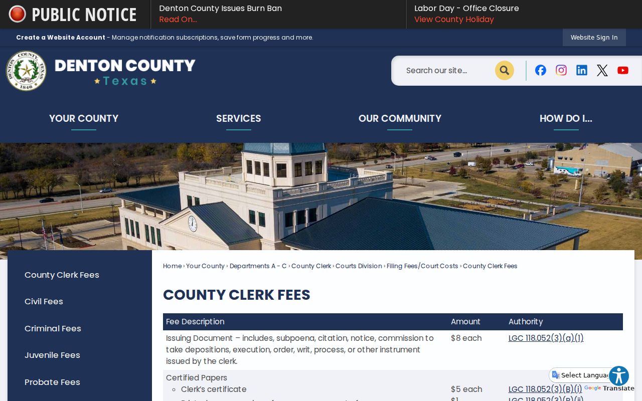 Denton County court records copy and certification fees