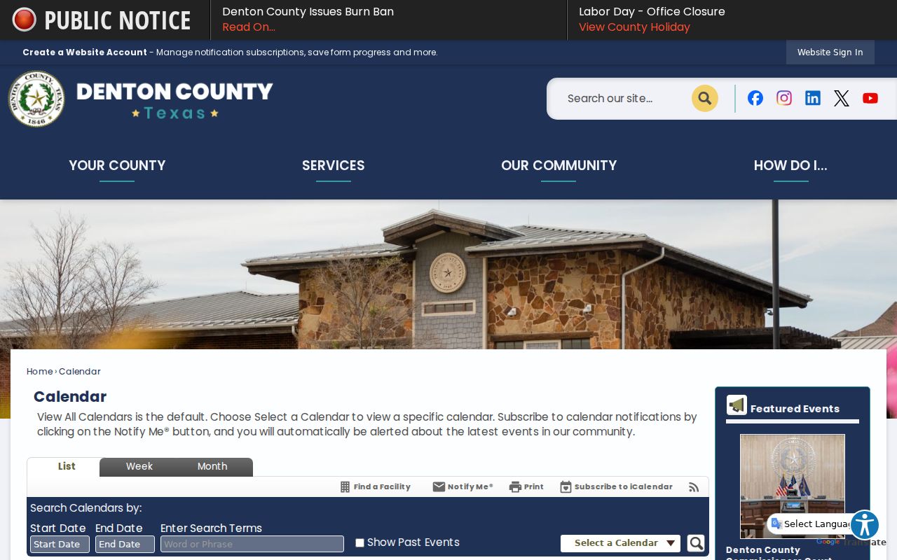 Denton County court calendar date and keyword filters