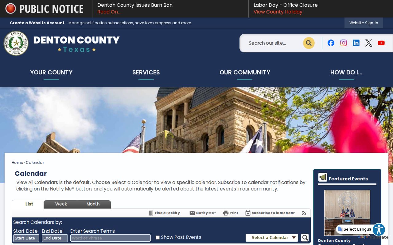 Denton County court calendar with 477th District Court events