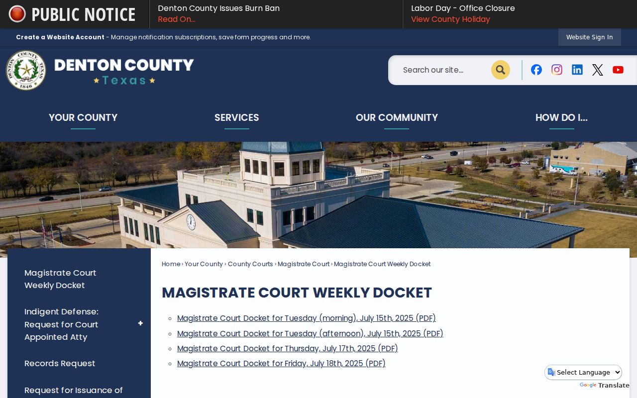 Denton County Magistrate Court weekly docket PDF index