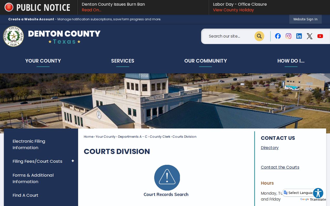 Denton County Courts Division access page