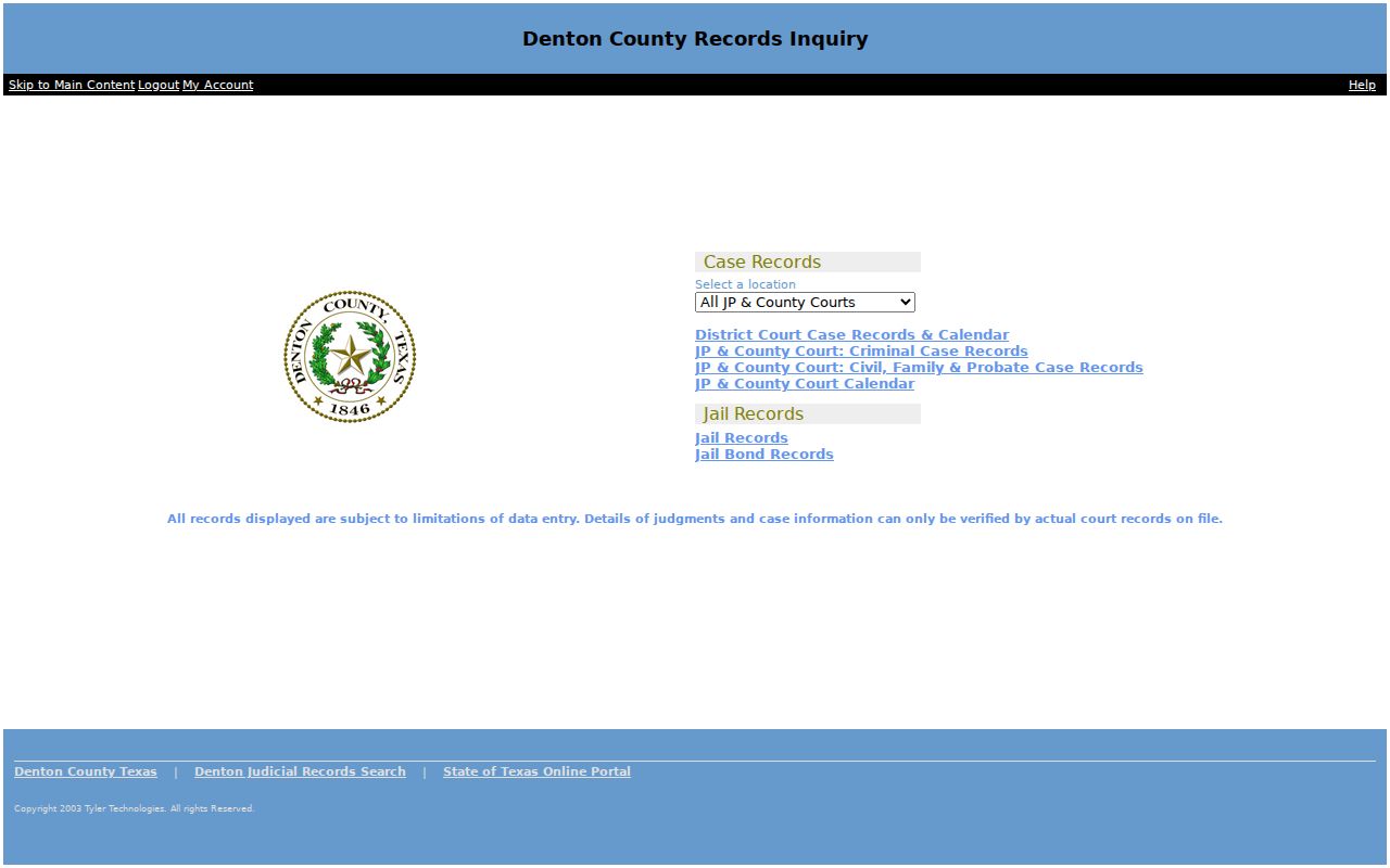 Denton County Public Access court-record entry page